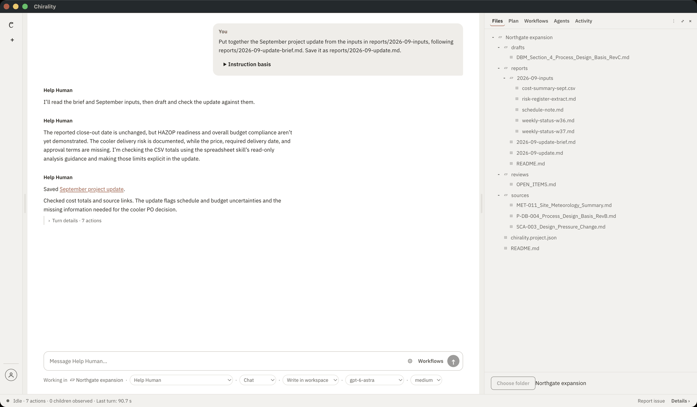 Chirality App. A conversation in which Help Human reads the month&rsquo;s inputs, writes the September project update and saves it. The project&rsquo;s files are listed on the right, with the new update beside its inputs.