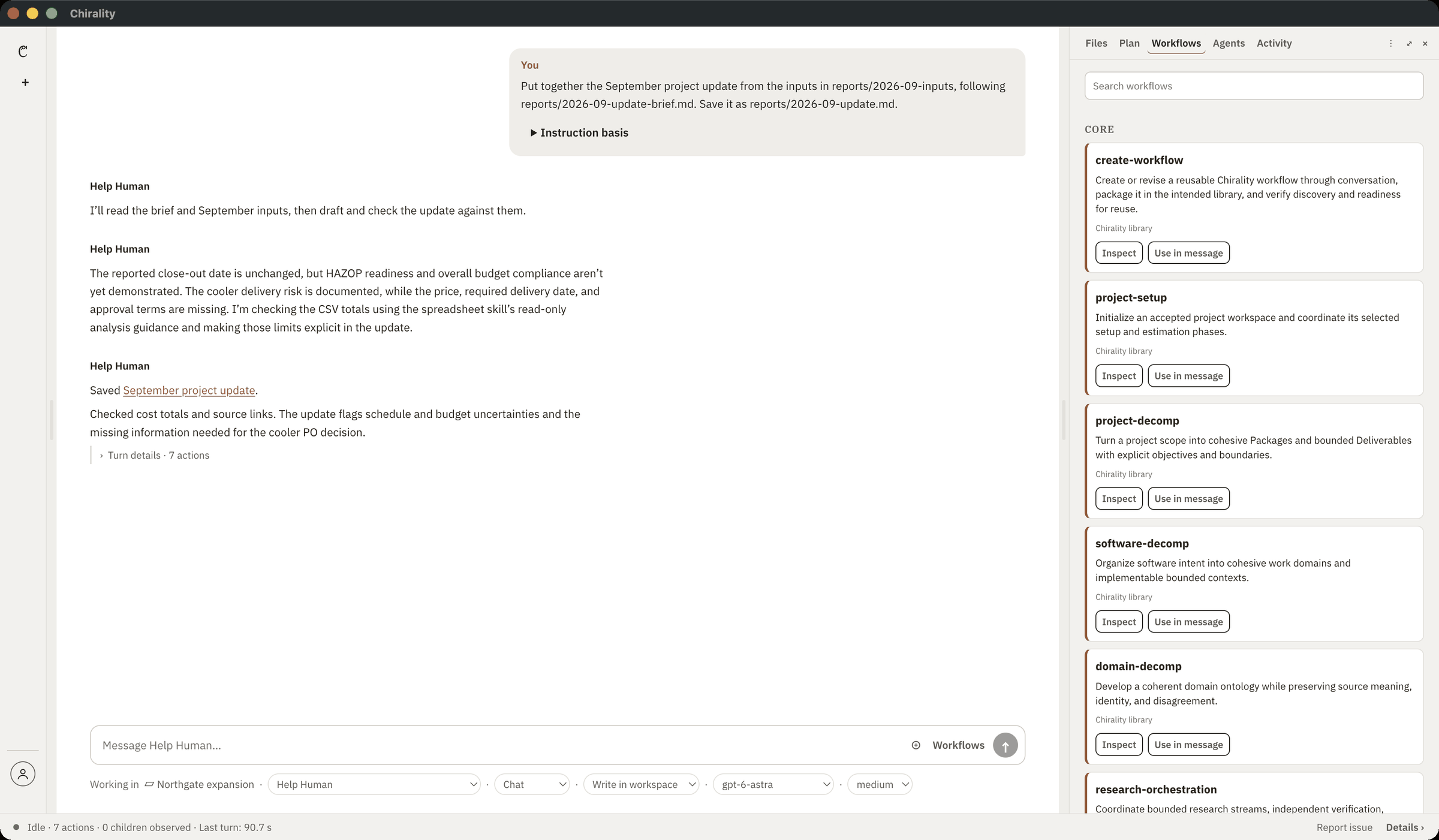 Chirality App with the Workflows tab open. The core workflows are listed on the right, each with Inspect and Use in message buttons, beside the same conversation with Help Human.